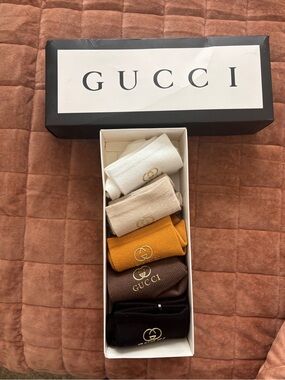 Gucci Five-Pair Logo Sock Set in White, Beige, Mustard, Brown, Black